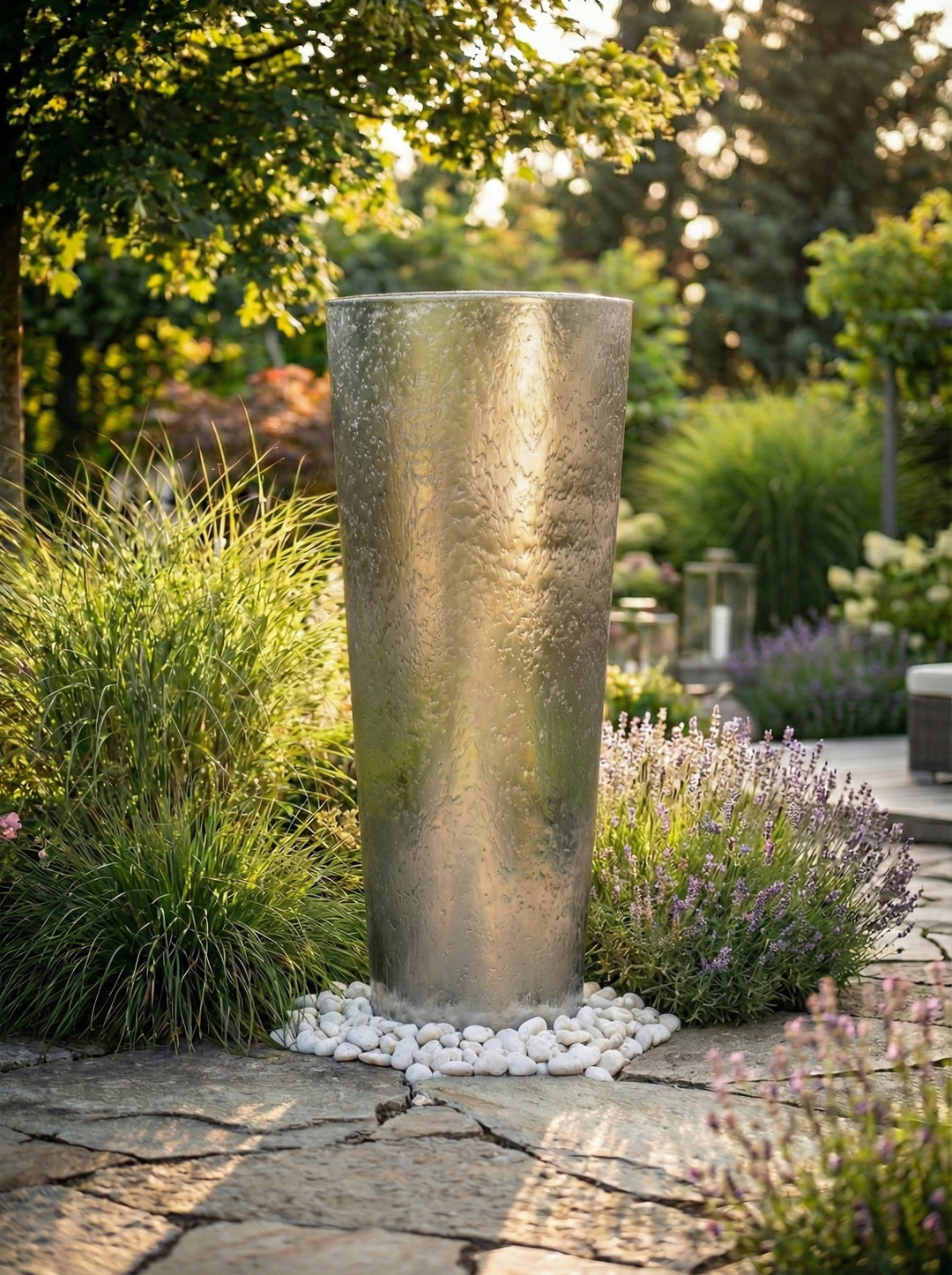 Edelstahl-Säulenbrunnen Ellipse 200 cm – imposanter XXL Gartenbrunnen