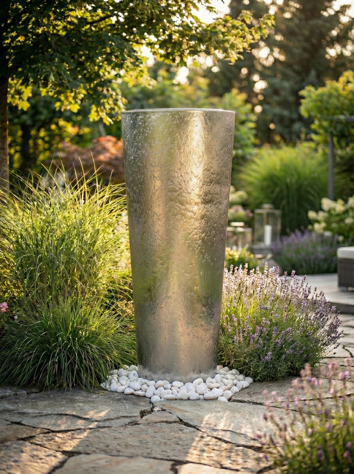 Edelstahl-Säulenbrunnen Ellipse 200 cm – imposanter XXL Gartenbrunnen