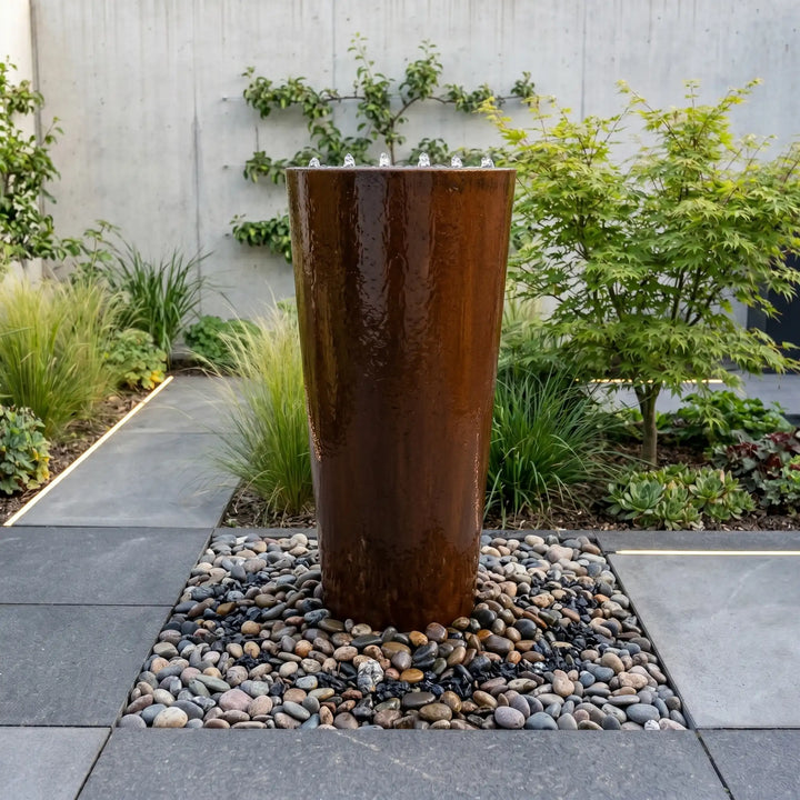 Cortenstahl-Säulenbrunnen Ellipse 125 cm – Designbrunnen für moderne Gärten