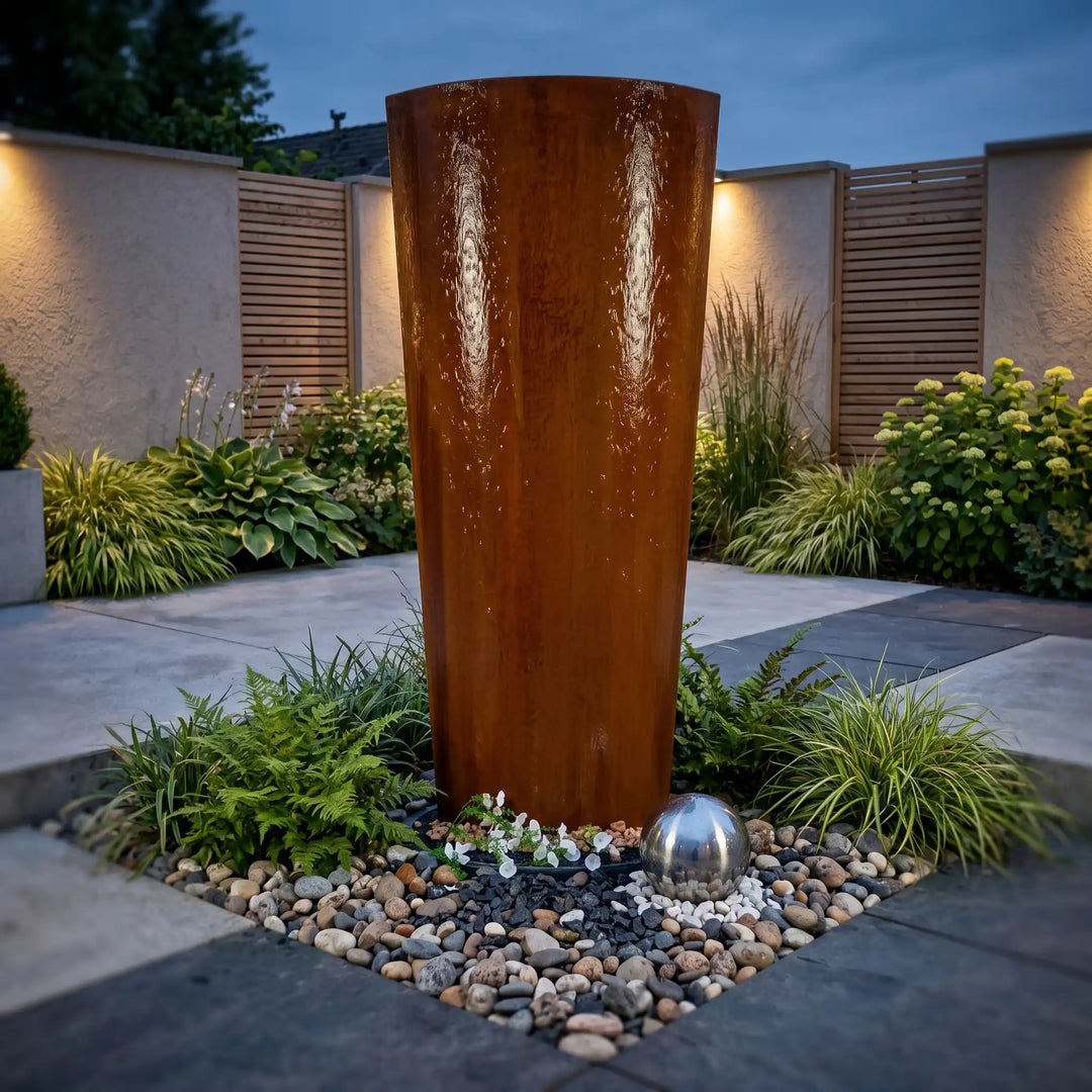 Cortenstahl-Säulenbrunnen Ellipse 200 cm – imposanter XXL Gartenbrunnen