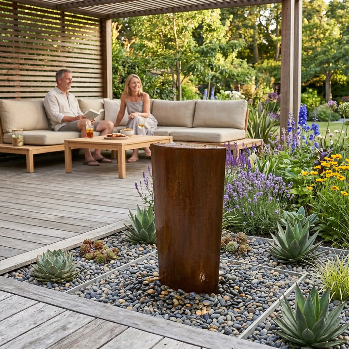 Cortenstahl-Säulenbrunnen Ellipse 75 cm – kleiner Gartenbrunnen mit Edelrost-Optik