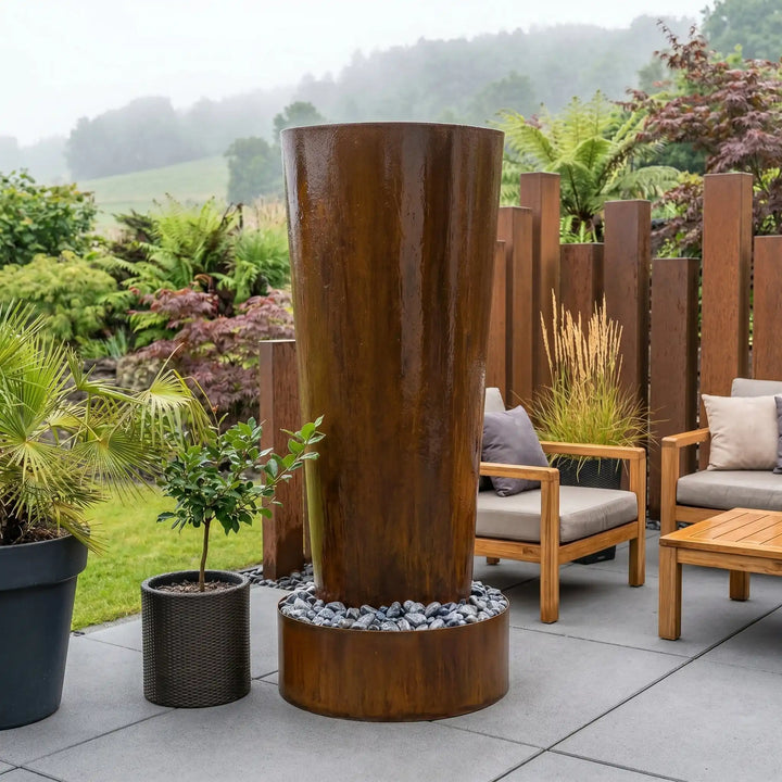 Cortenstahl-Säulenbrunnen Ellipse 200 cm – imposanter XXL Gartenbrunnen