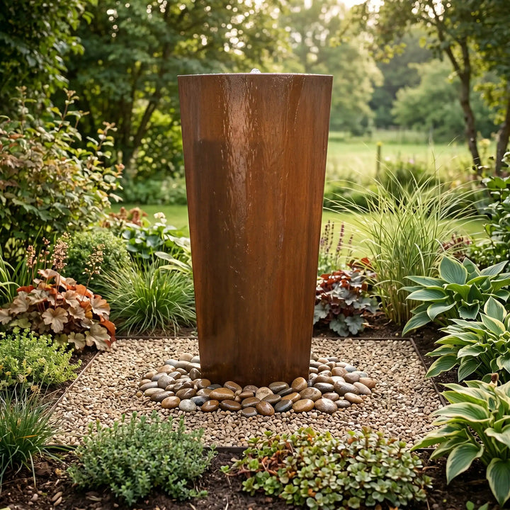 Cortenstahl-Säulenbrunnen Ellipse 150 cm – großer Gartenbrunnen mit Edelrost-Optik