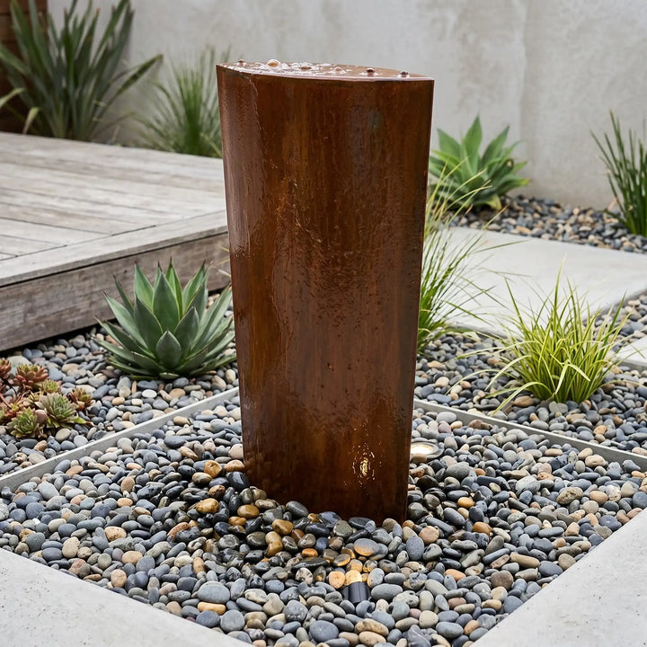 Cortenstahl-Säulenbrunnen Ellipse 100 cm – Terrassenbrunnen mit natürlicher Rostoptik