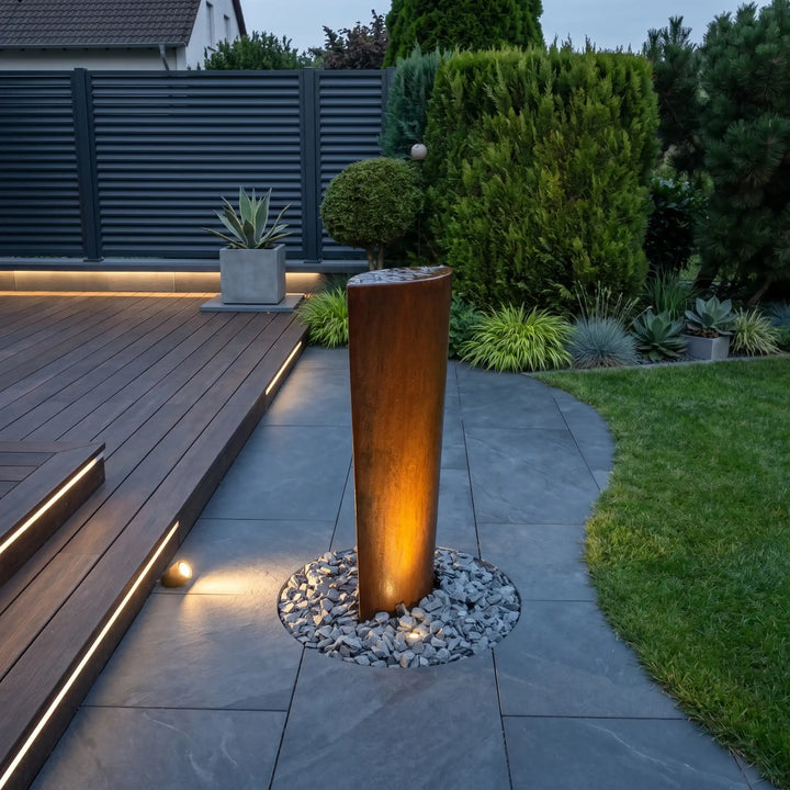 Cortenstahl-Säulenbrunnen Ellipse 100 cm – Terrassenbrunnen mit natürlicher Rostoptik