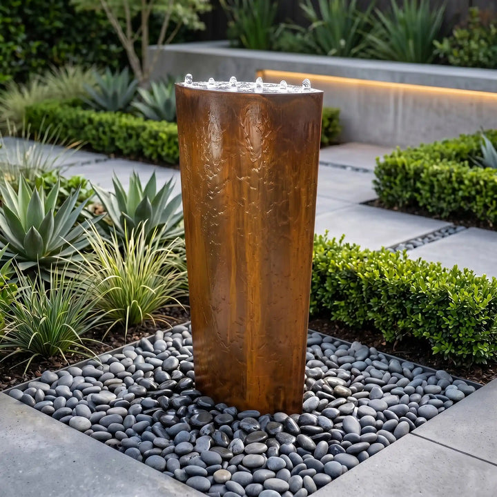 Cortenstahl-Säulenbrunnen Ellipse 125 cm – Designbrunnen für moderne Gärten