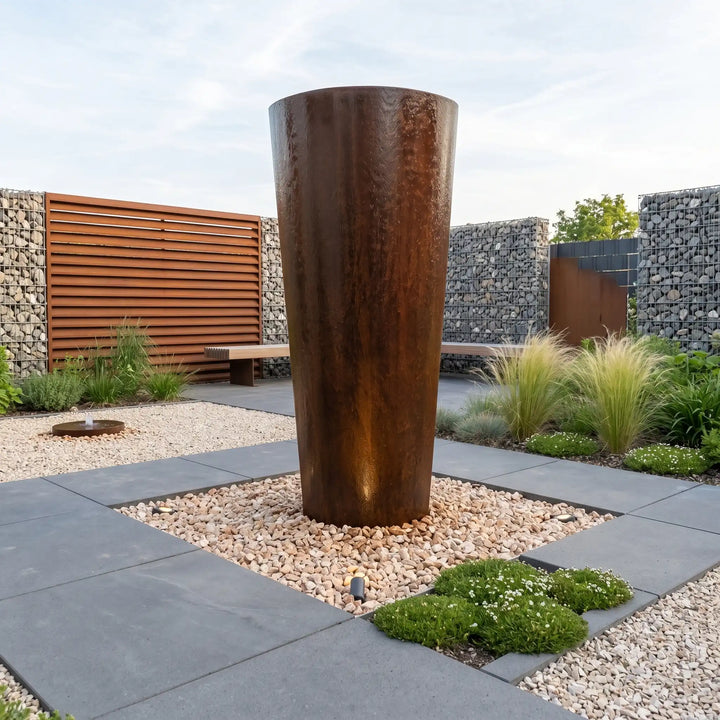 Cortenstahl-Säulenbrunnen Ellipse 200 cm – imposanter XXL Gartenbrunnen