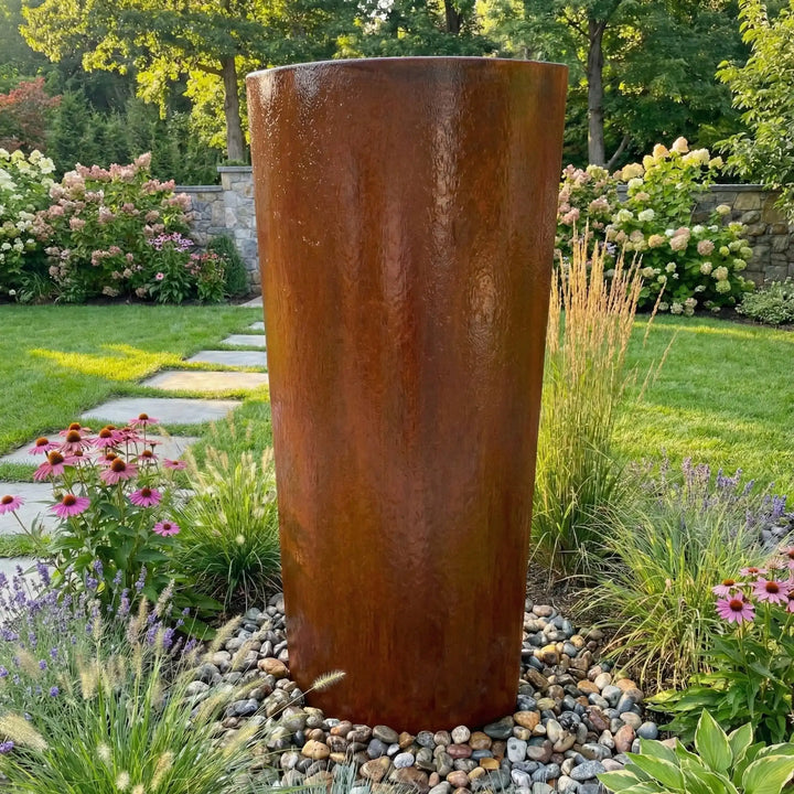 Cortenstahl-Säulenbrunnen Ellipse 150 cm – großer Gartenbrunnen mit Edelrost-Optik