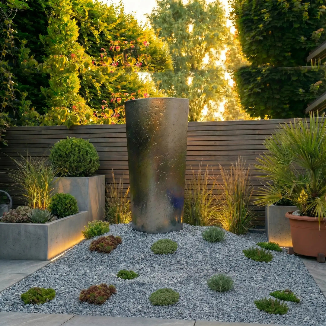 Edelstahl-Säulenbrunnen Ellipse 150 cm – repräsentativer Gartenbrunnen aus Edelstahl