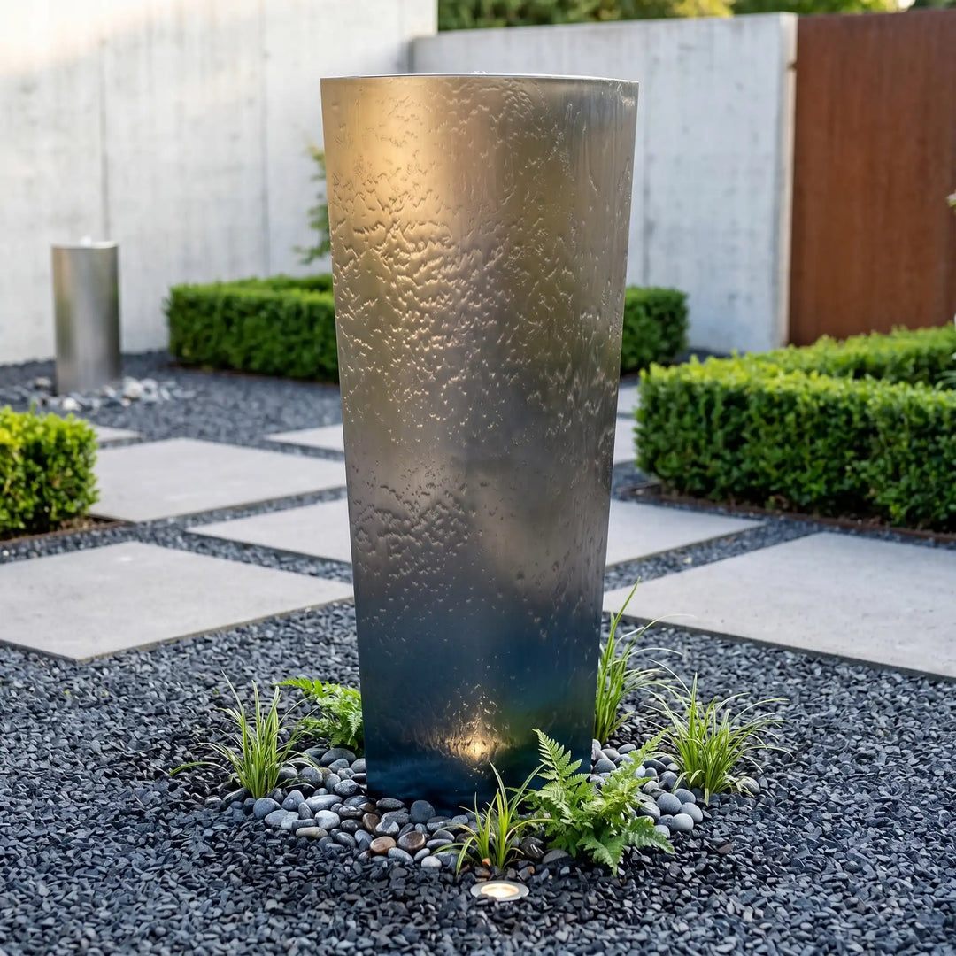 Edelstahl-Säulenbrunnen Ellipse 150 cm – repräsentativer Gartenbrunnen aus Edelstahl