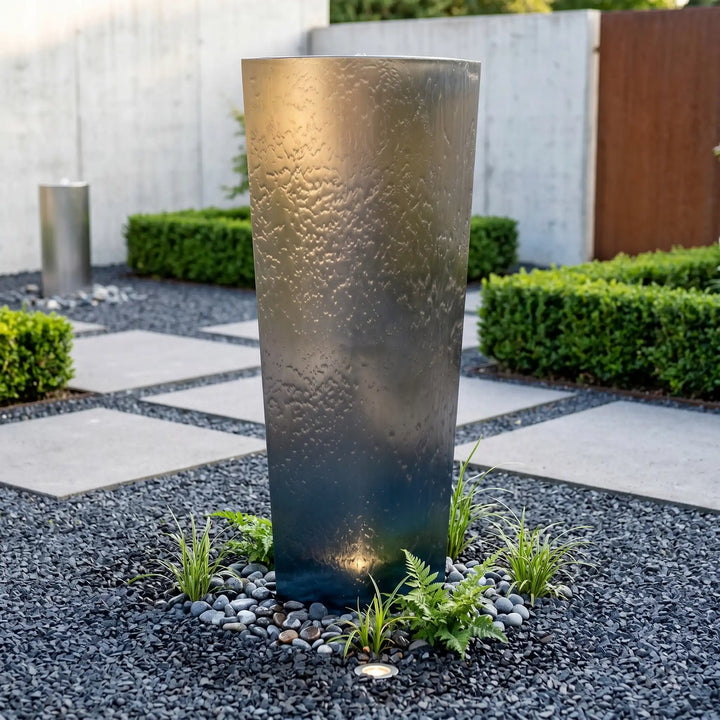 Edelstahl-Säulenbrunnen Ellipse 150 cm – repräsentativer Gartenbrunnen aus Edelstahl