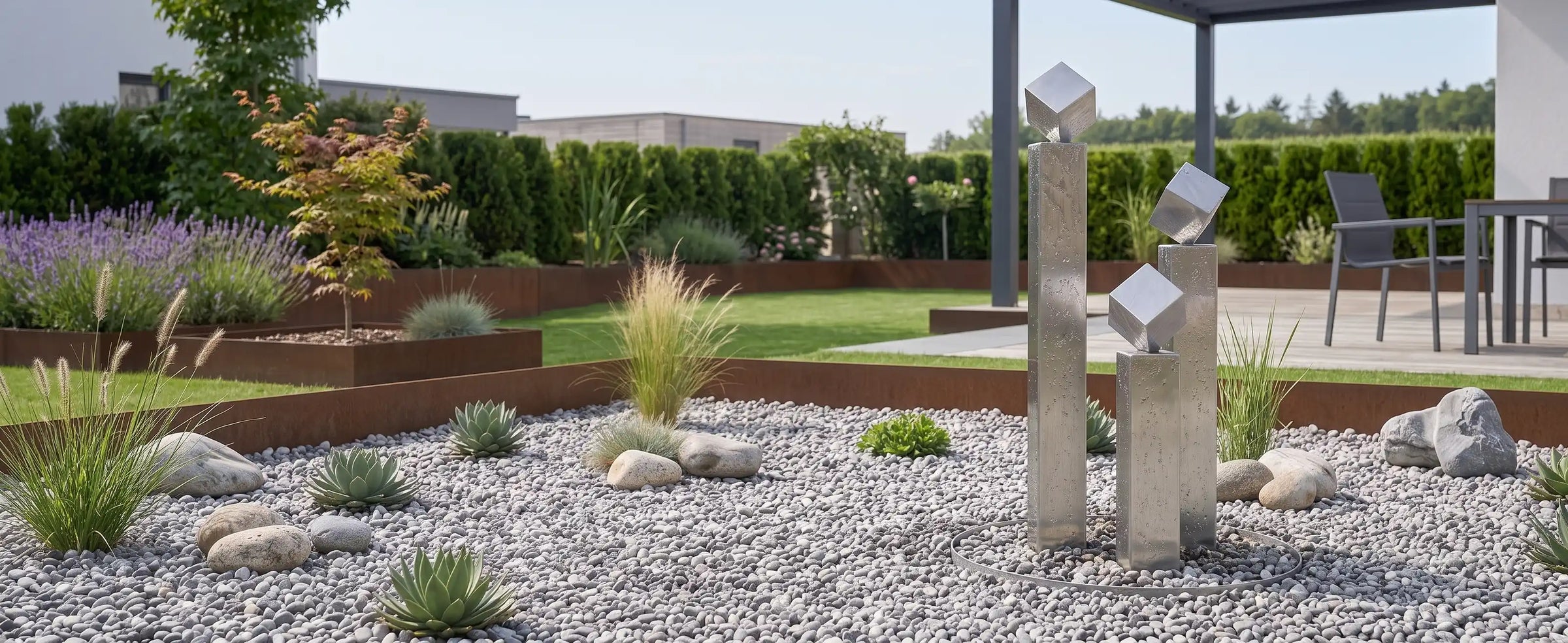  Säulenbrunnen aus Edelstahl mit drei Säulen und Würfeln