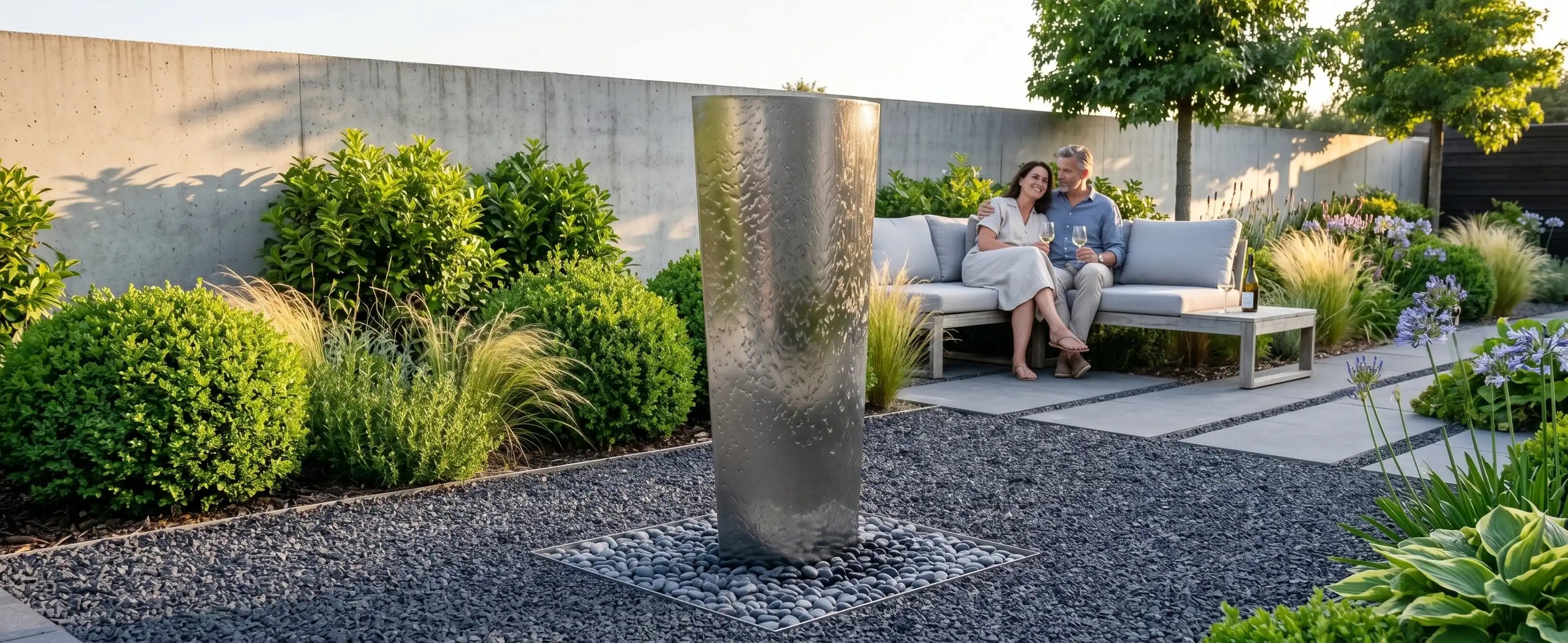 Ellipse Gartenbrunnen aus Edelstahl in einer modernen Gartenanlage