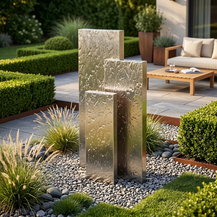 Großer Edelstahl Gartenbrunnen Linea 110 | Design-Gartenbrunnen aus Edelstahl