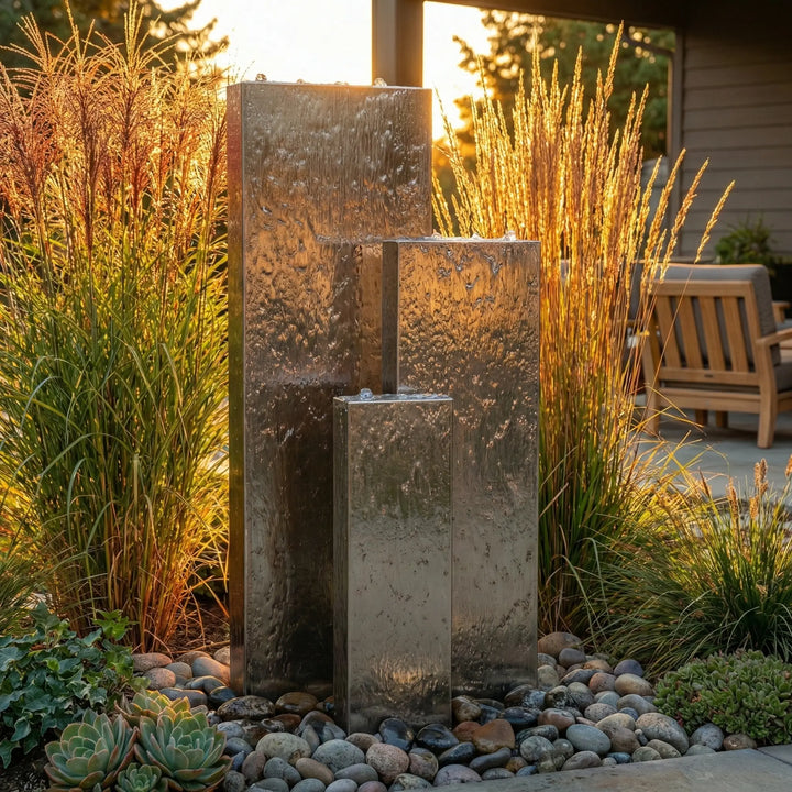 Edelstahl Gartenbrunnen Linea 90 | Dreiteiliges Wasserspiel für Terrasse & Garten