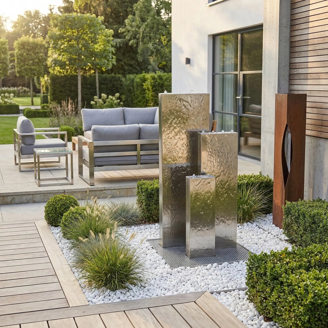 Edelstahl Gartenbrunnen Linea 90 | Dreiteiliges Wasserspiel für Terrasse & Garten
