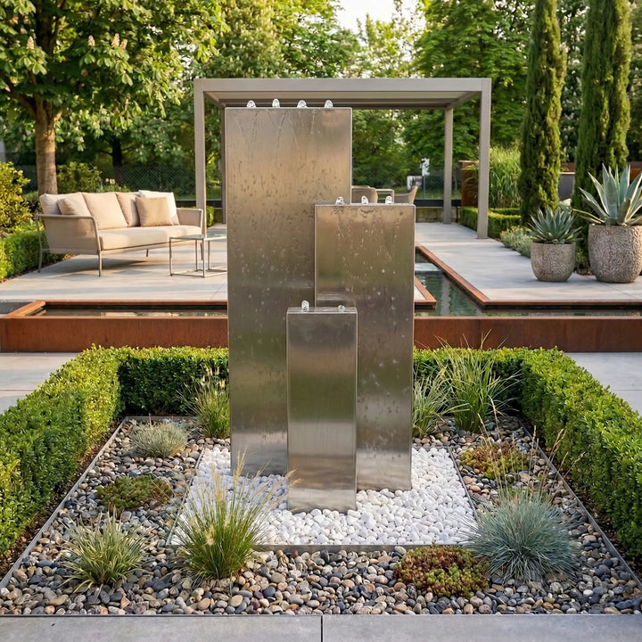 Edelstahl Gartenbrunnen Linea 90 | Dreiteiliges Wasserspiel für Terrasse & Garten