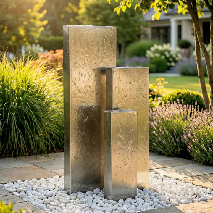 Edelstahl Gartenbrunnen Linea 90 | Dreiteiliges Wasserspiel für Terrasse & Garten