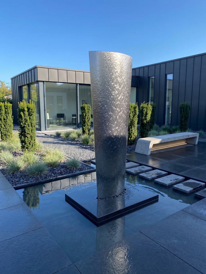 Edelstahl-Säulenbrunnen Ellipse 200 cm – imposanter XXL Gartenbrunnen