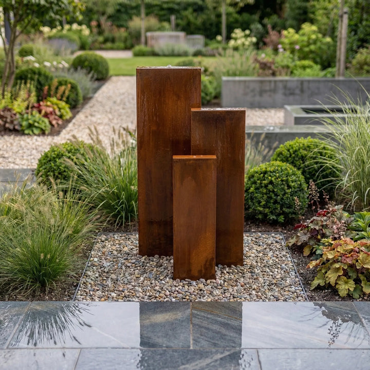 Cortenstahl Brunnen Linea 90 mit drei Wasserwänden