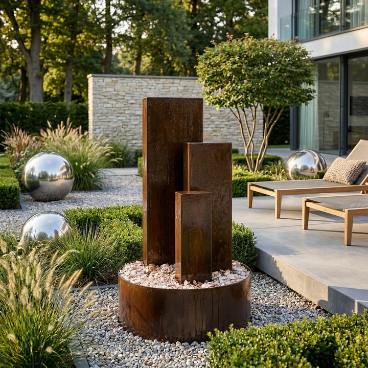 Cortenstahl Brunnen Linea 90 mit drei Wasserwänden