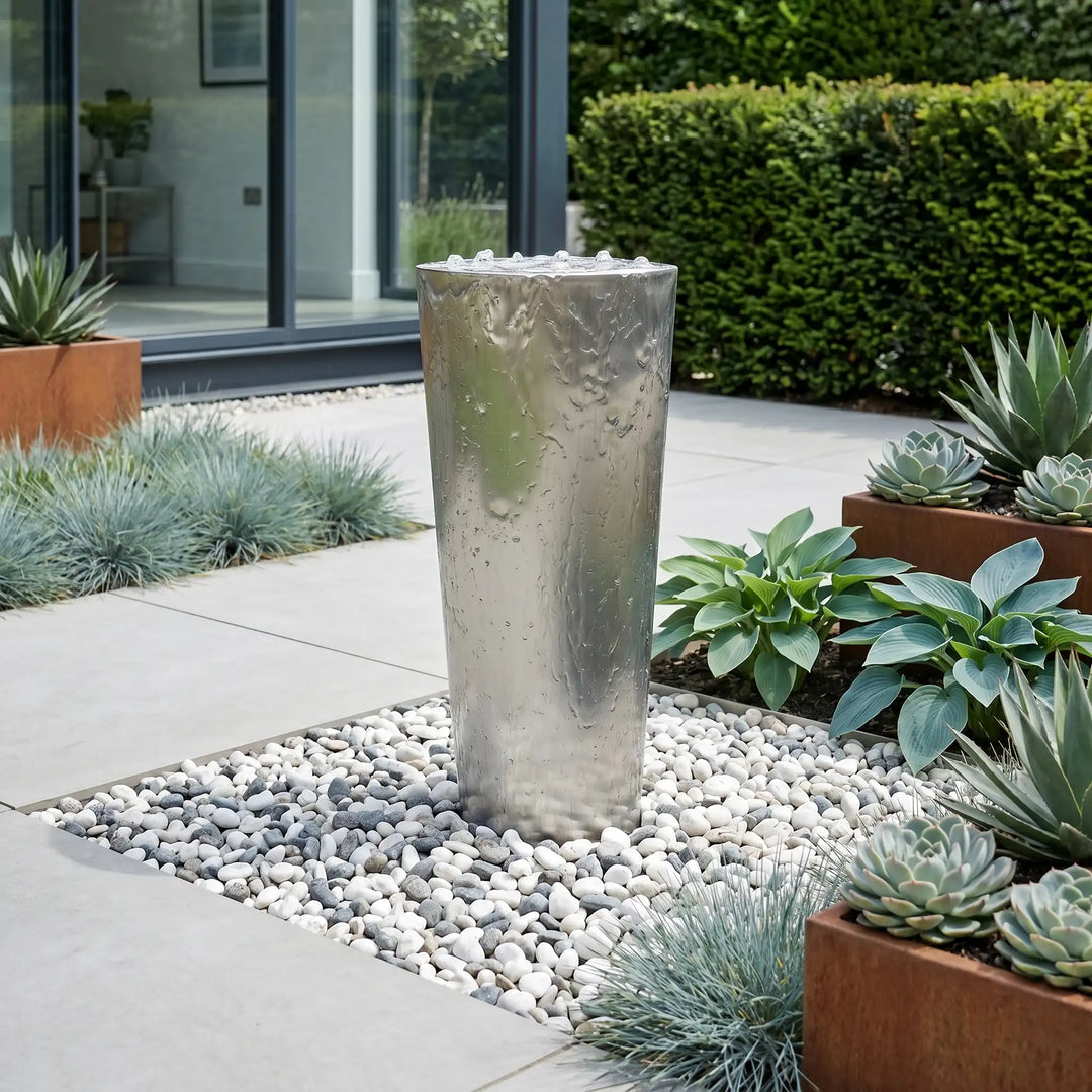 Edelstahl-Säulenbrunnen Ellipse 75 cm – kompakter Gartenbrunnen für Terrasse & Vorgarten