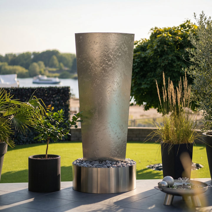 Edelstahl-Säulenbrunnen Ellipse 200 cm – imposanter XXL Gartenbrunnen