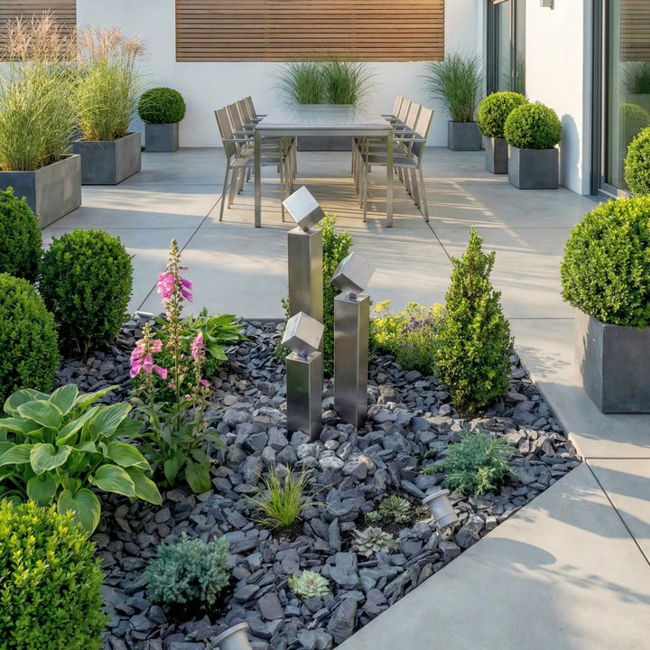 Balance Cubo 56 – kompakter Edelstahl Gartenbrunnen mit Würfeln