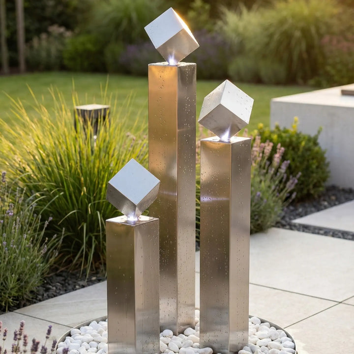 Balance Cubo 90 – Design Gartenbrunnen aus Edelstahl für moderne Gärten