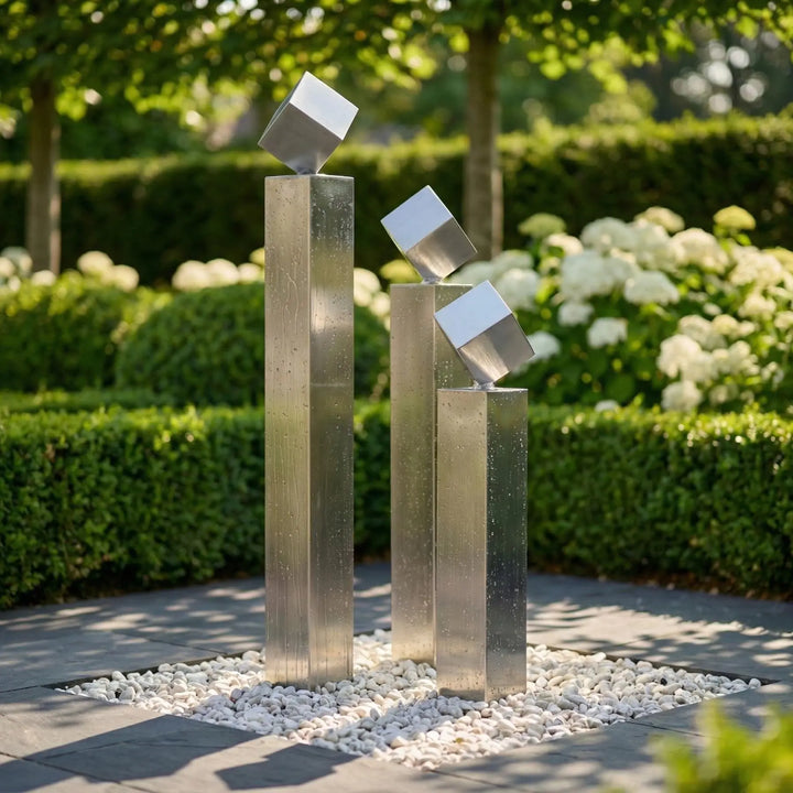Balance Cubo 90 – Design Gartenbrunnen aus Edelstahl für moderne Gärten