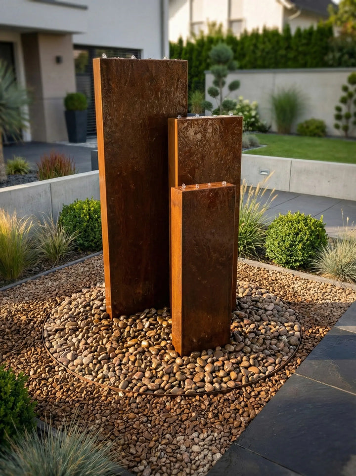Großer Cortenstahl Gartenbrunnen Linea 110 | Design-Wasserbrunnen für moderne Gärten