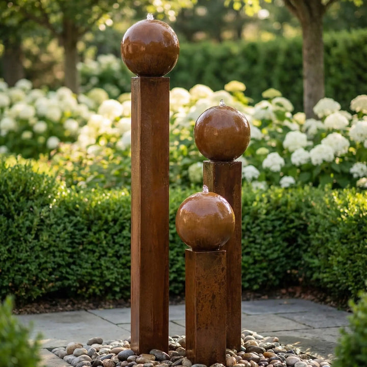 Balance Spera 110 großer Cortenstahl Gartenbrunnen mit drei Kugeln