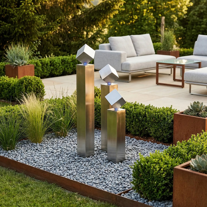 Balance Cubo 67 – moderner Edelstahlbrunnen für Terrasse und Garten