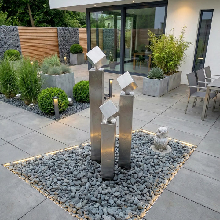 Balance Cubo 67 – moderner Edelstahlbrunnen für Terrasse und Garten
