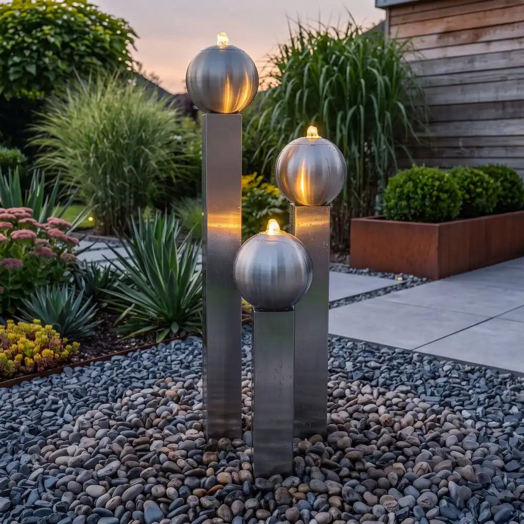 Hoher Edelstahlbrunnen Balance Sphera 145 cm mit stimmungsvoller LED-Beleuchtung im abendlichen, modernen Garten