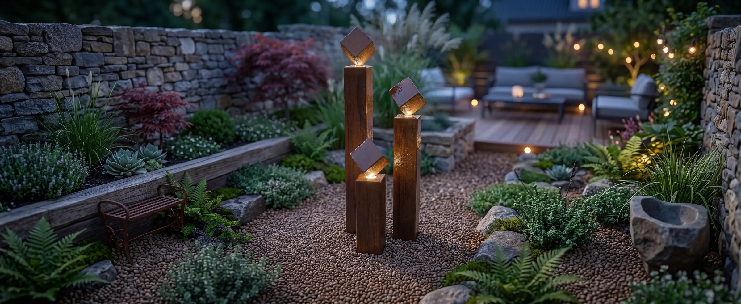 Balance Cubo Gartenbrunnen aus Cortenstahl mit drei Säulen und Würfeln beleuchtet