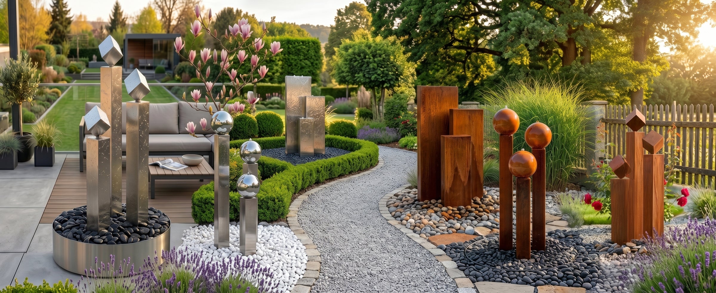 Cortenstahl Gartenbrunnen Sortiment mit verschiedenen Modellen in einer Ausstellung – Gaddia