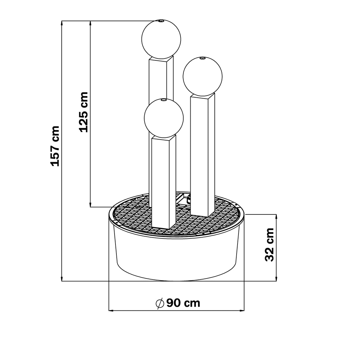 Maßzeichnung des Cortenstahl-Gartenbrunnens Balance Sphera 125 cm mit drei Säulen