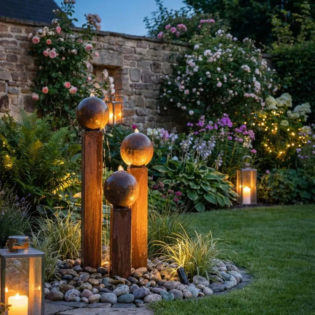 Cortenstahl-Gartenbrunnen Balance Sphera 125 cm mit warmweißer LED-im Garten