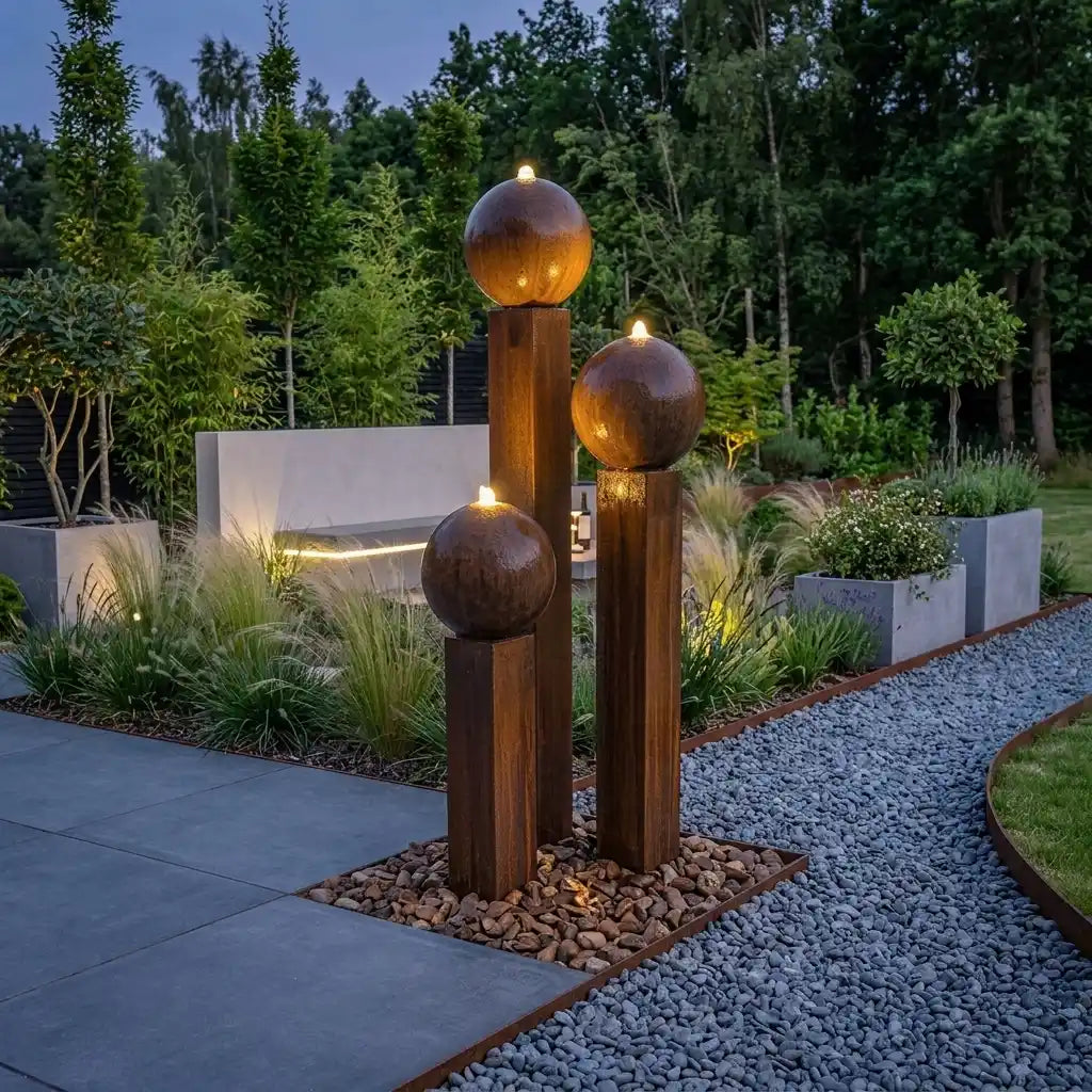 Cortenstahl-Gartenbrunnen Balance Sphera 145 cm mit warmweißer LED-Beleuchtung am Abend