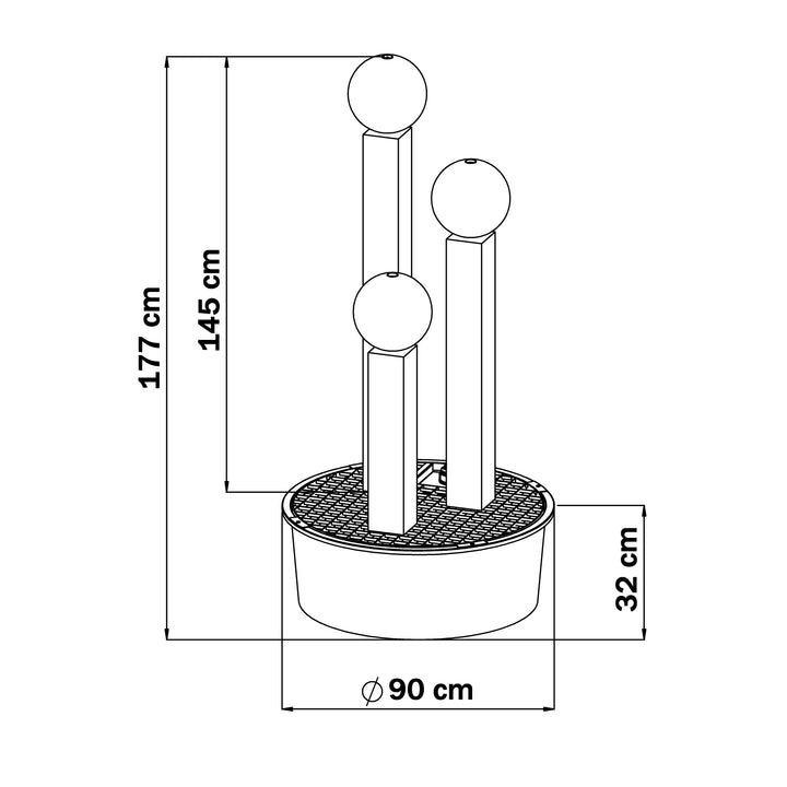 Maßzeichnung des Cortenstahl-Gartenbrunnens Balance Sphera 145 cm mit drei Säulen