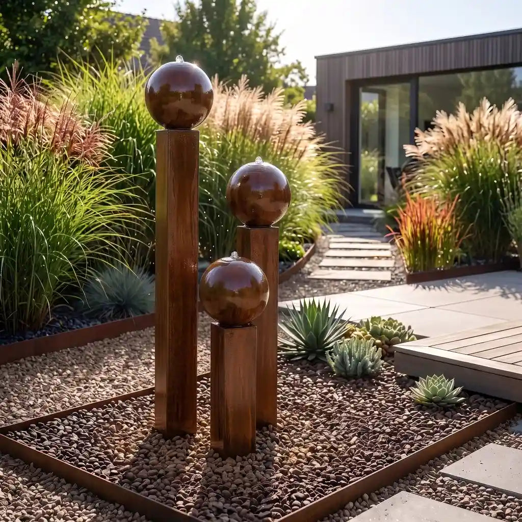 Cortenstahl-Gartenbrunnen Balance Sphera 170 cm im 3er-Set mit drei Kugeln in einem
modernen Garten