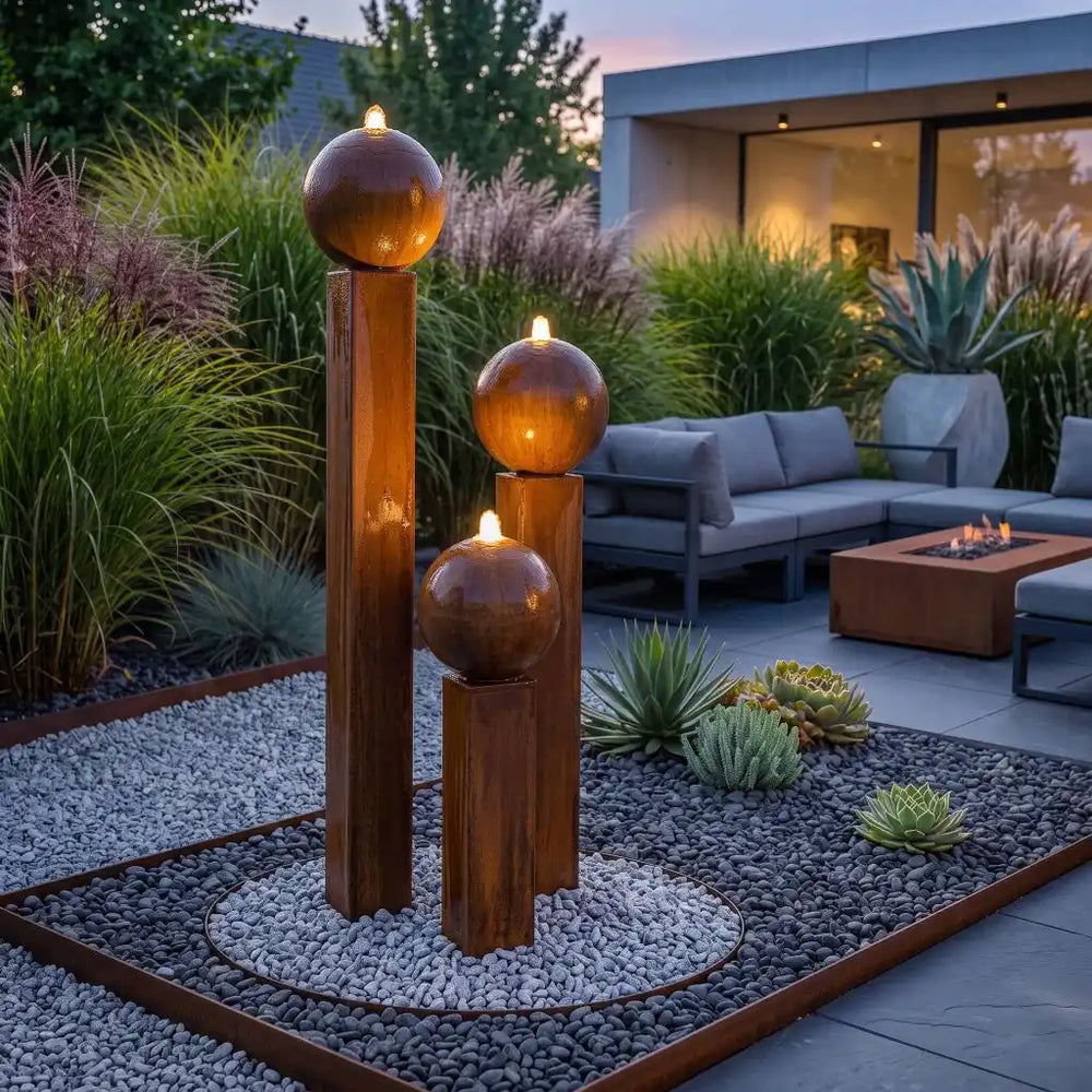 Cortenstahl-Gartenbrunnen Balance Sphera 170 cm mit warmweißer LED-Beleuchtung am Abend