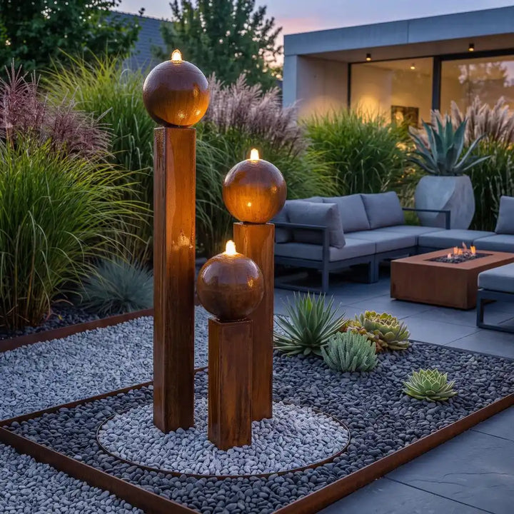 Cortenstahl-Gartenbrunnen Balance Sphera 170 cm mit warmweißer LED-Beleuchtung am Abend