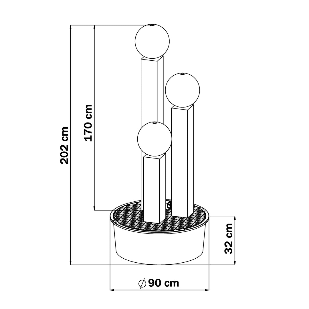 Maßzeichnung des Cortenstahl-Gartenbrunnens Balance Sphera 170 cm mit drei Säulen