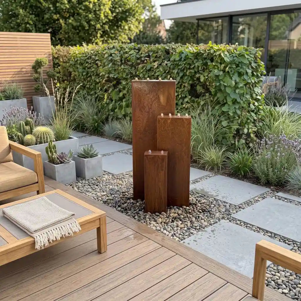 Cortenstahl-Gartenbrunnen Linea 120 cm im 3er-Set mit drei Wänden neben Terrasse
