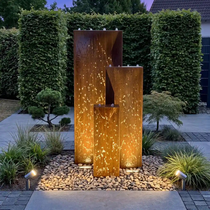 Cortenstahl-Gartenbrunnen Linea 120 cm bei Dämmerung mit externer Beleuchtung von unten