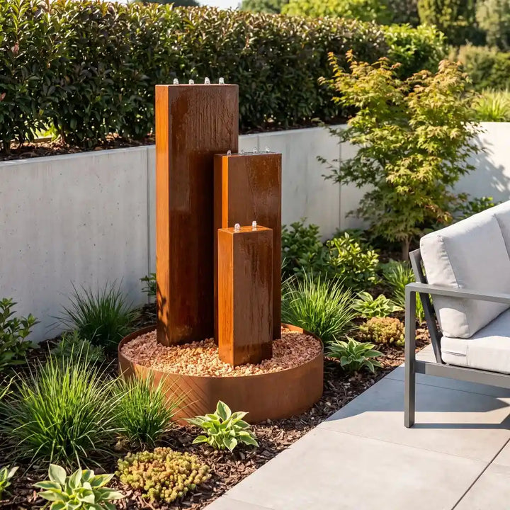 Cortenstahl-Gartenbrunnen Linea 120 cm mit drei gestaffelten Säulen auf einer modernen
Terrasse