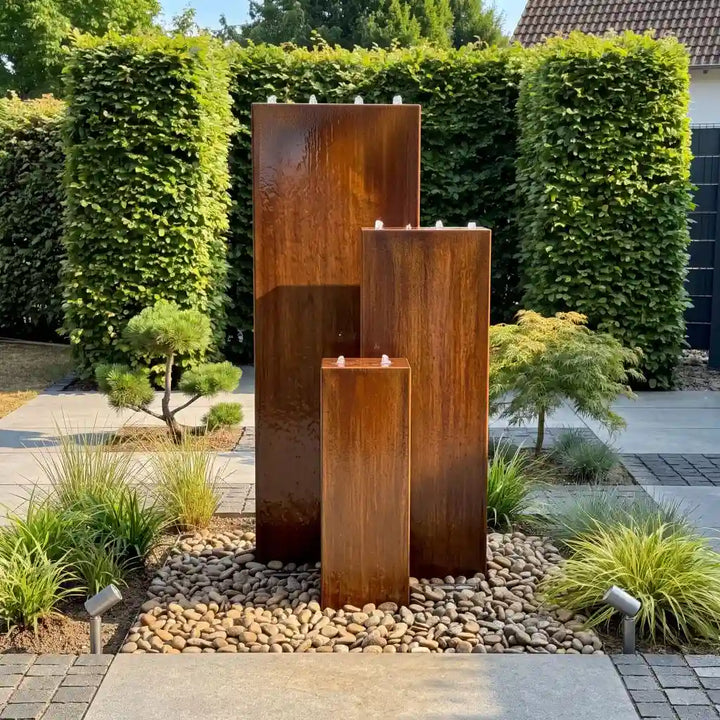 Gartenbrunnenaus Cortenstahl  Linea 120 cm im Kiesbeet