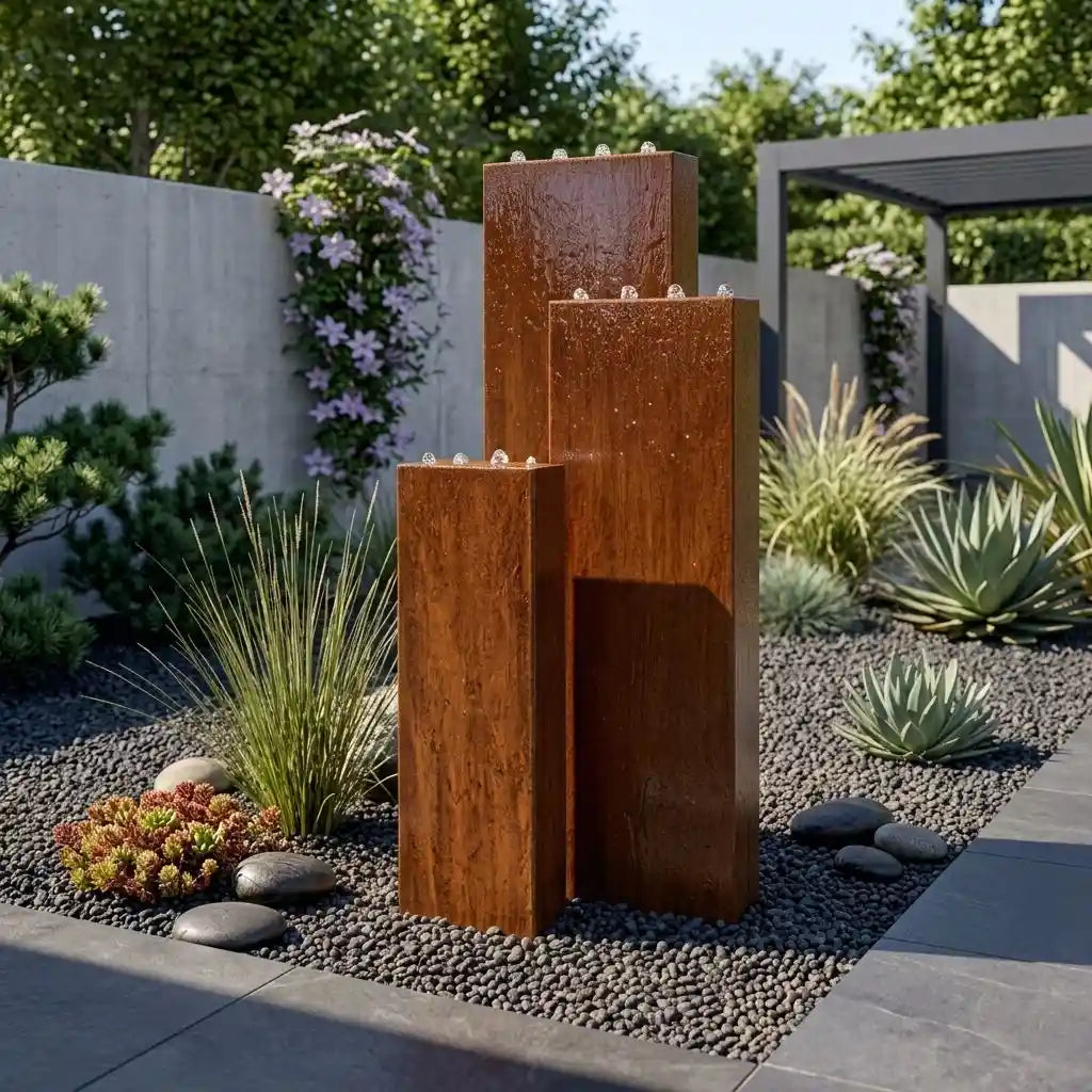 Cortenstahl-Gartenbrunnen Linea 150 cm im 3er-Set mit drei Wasserwänden im modernen
Garten
